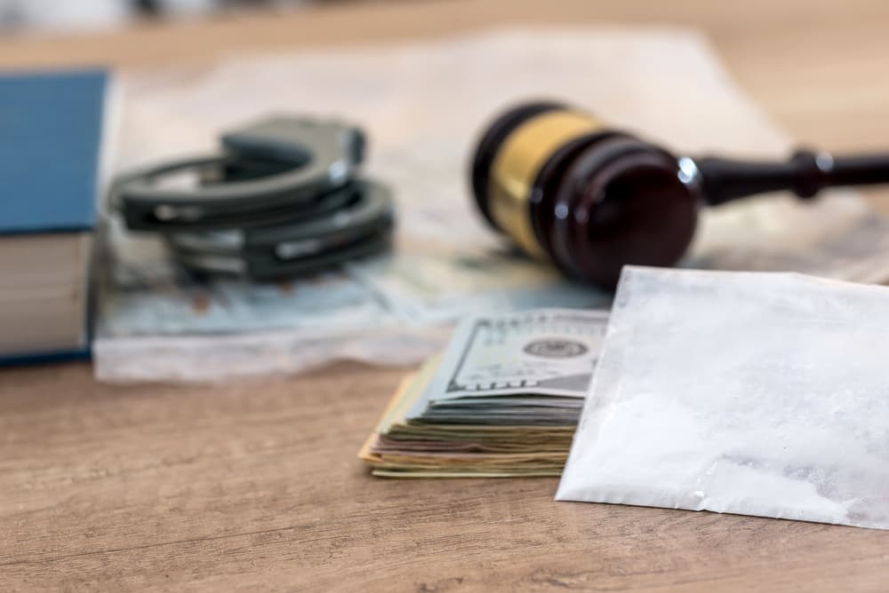 Drugs and substances prohibited, dollar, book, Judge gavel and handcuffs