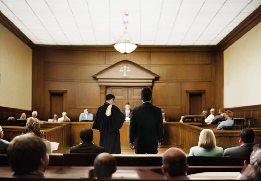 Attorney speaking to a magistrate in court with a lawyer presenting arguments, representing a law trial and legal defense in a courtroom setting.